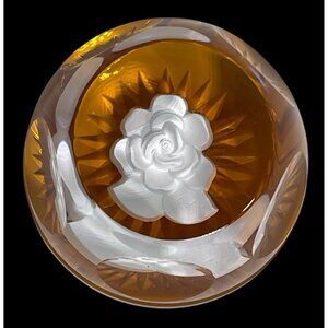 White Rose & Amber Crystal Paperweight By Eickholt Signed 2000